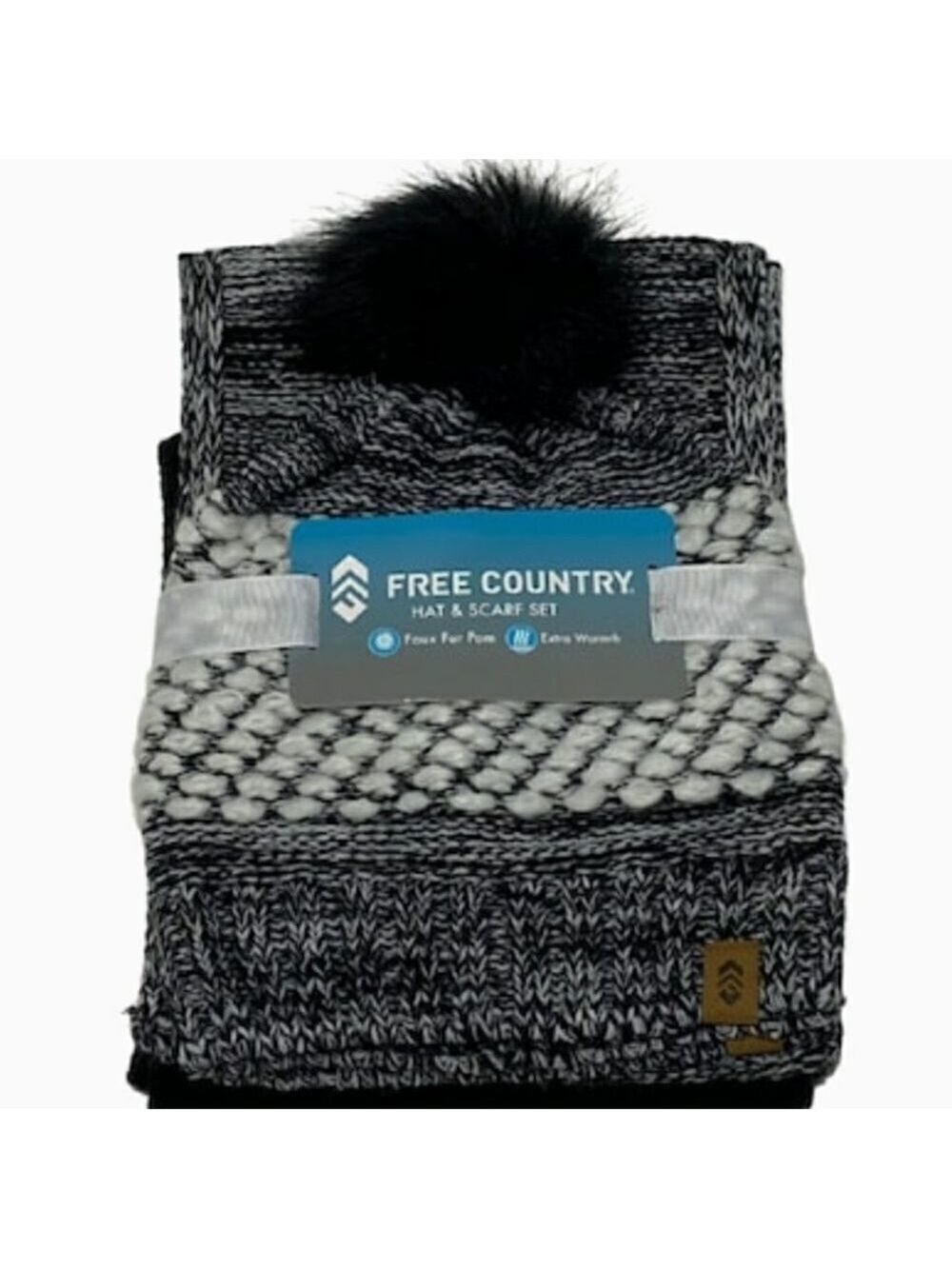 Knit Hat and Scarf Set NEW Black White 2 Pieces Winter Accessories NWT Pom Pom